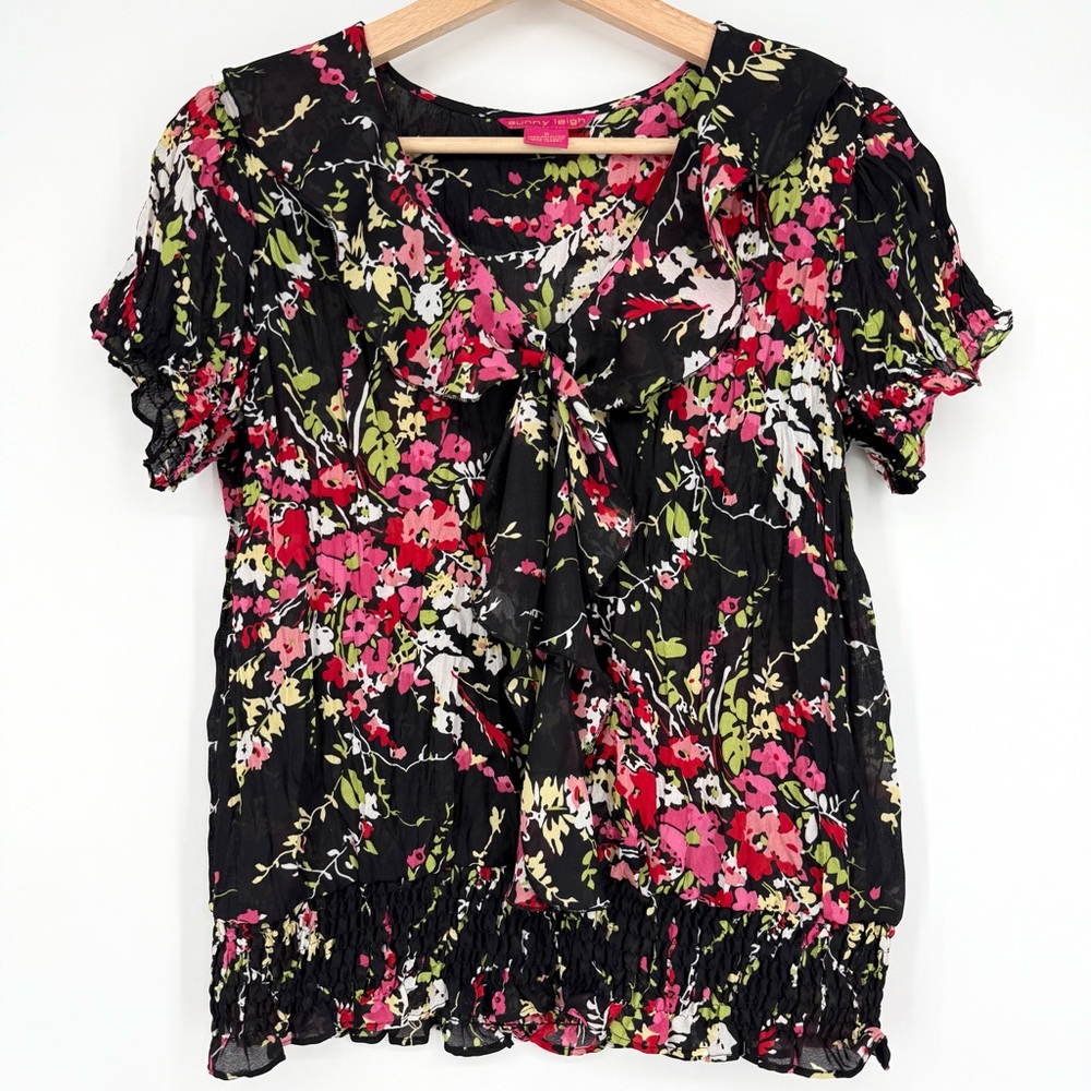 Sunny Leigh Floral Ruffle Sheer Top Blouse‎ Short Sleeve Colorful Size S